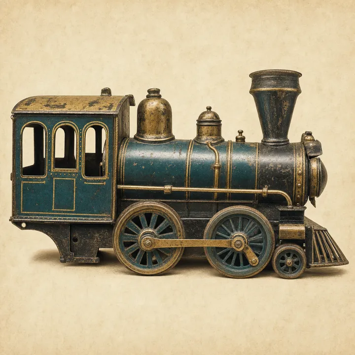 Antike Blech-Spielzeugeisenbahn, Dampflokomotive um 1910