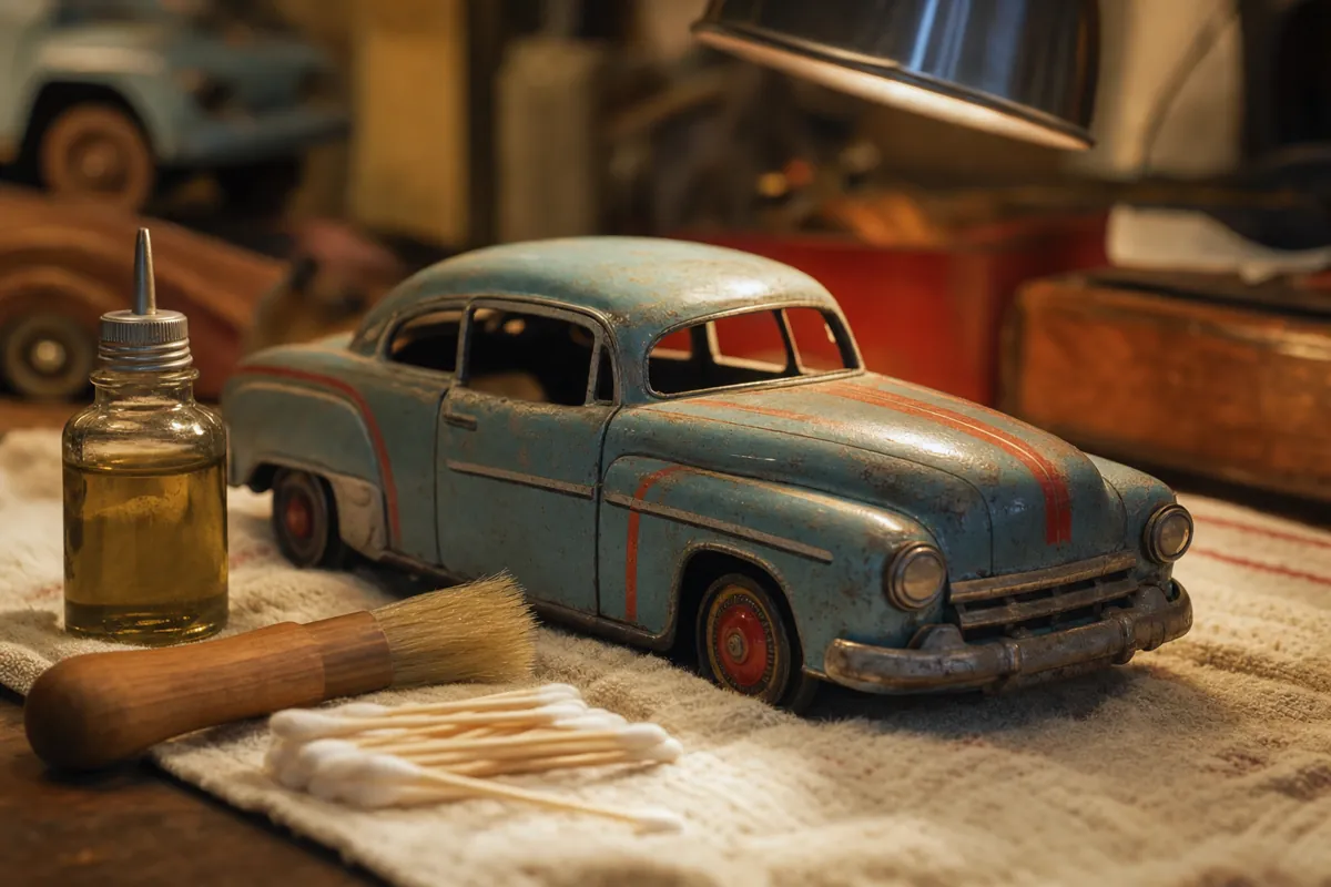 Altes lithografiertes Blechauto auf einem weichen Tuch, daneben Wattestäbchen, ein weicher Pinsel und ein kleines Fläschchen Öl, warmes Licht einer Schreibtischlampe