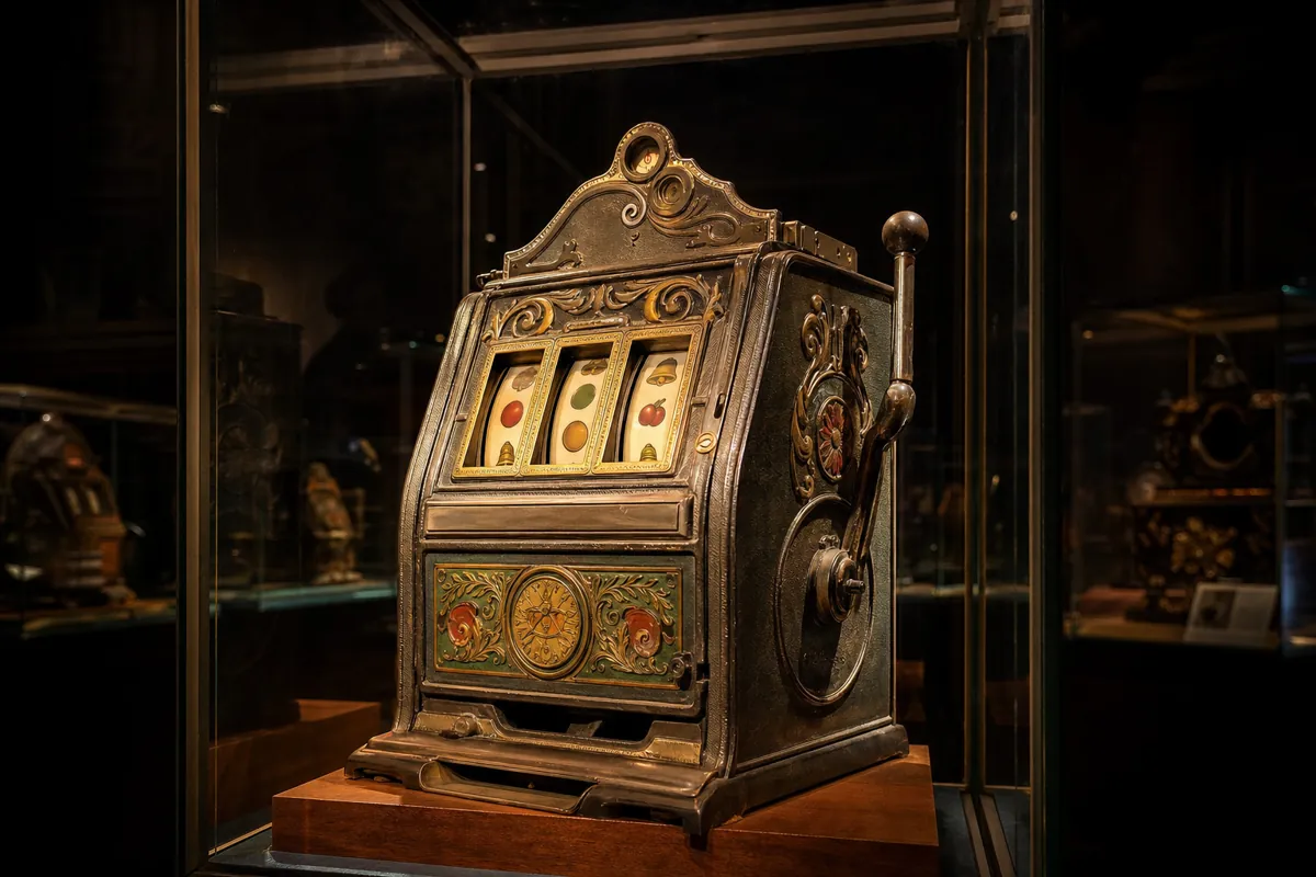 Historischer mechanischer Geldspielautomat aus Gusseisen und Blech mit drei Walzen und einem Hebel, in einer Museumsvitrine ausgestellt, warmes Licht auf den verzierten Zifferblättern